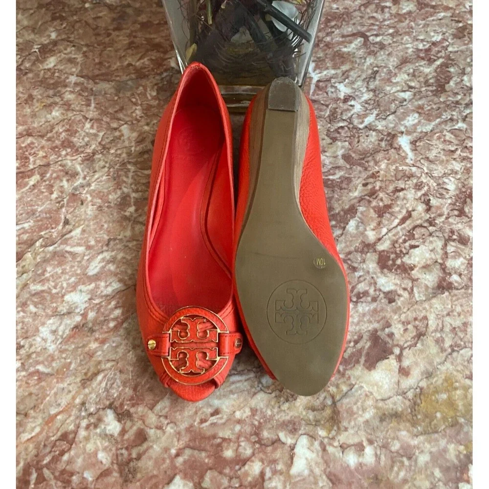 Tory Burch Amanda Orange Red Leather Open Toe Wedge Heel Shoes 10M ‎ EUC! $278